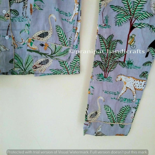 Indian Animal Printed Cotton Grey Hippie Women Gypsy Sleepwear Boho Pajama set