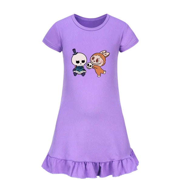 Cartoon Print Girl's Short-Sleeved Pajamas Home Clothes Nightdress Skirt New Hot
