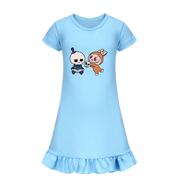 Cartoon Print Girl's Short-Sleeved Pajamas Home Clothes Nightdress Skirt New Hot
