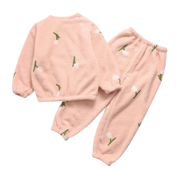 Kids Pyjamas Fleece Nightwear Elastic Waist Pyjama Set Warm 2 Piece-