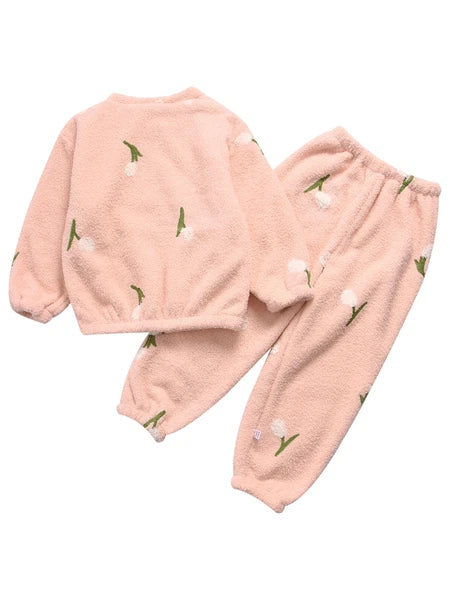 Kids Pyjamas Fleece Nightwear Elastic Waist Pyjama Set Warm 2 Piece-