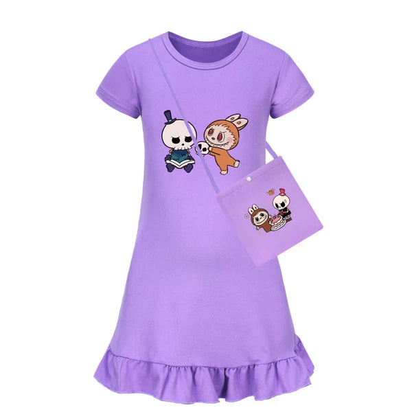 Cartoon Print Girl's Short-Sleeved Pajamas Home Clothes Nightdress Skirt New Hot