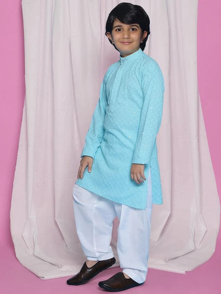 Kids Ethnic Mirror Work Cotton Kurta Pyjama Set/Party Wear Chikankari Kurta