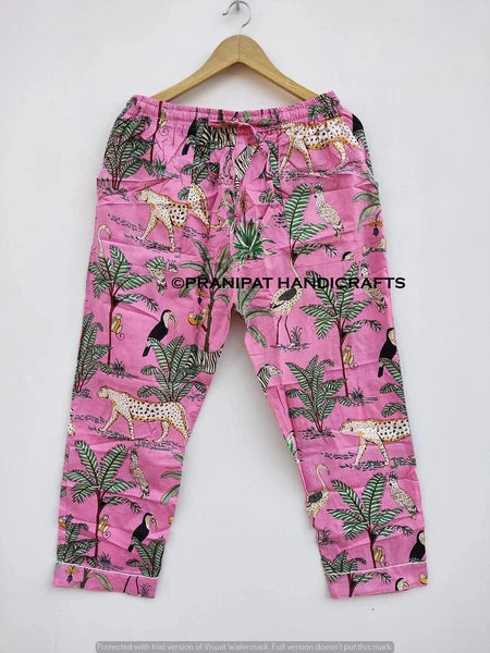 Indian Animal Print Cotton Baby Pink Women Gypsy Sleepwear Hippie Pajama set