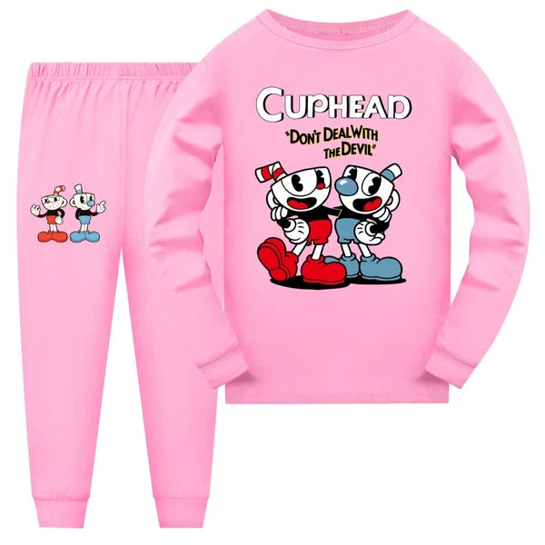 Children's Red Blue Teacup Print Casual Long Sleeve Trousers Pajamas Suit Trend