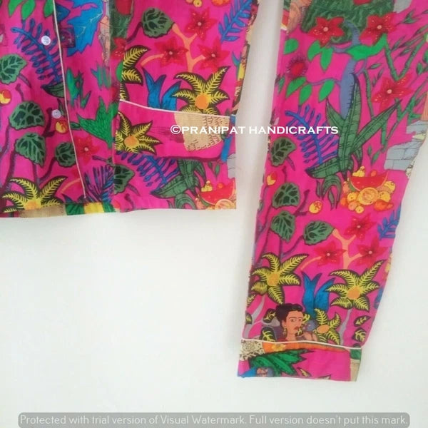 Indian Floral Print Cotton Pink Women Nightwear Top-Pajama set Sleepwear