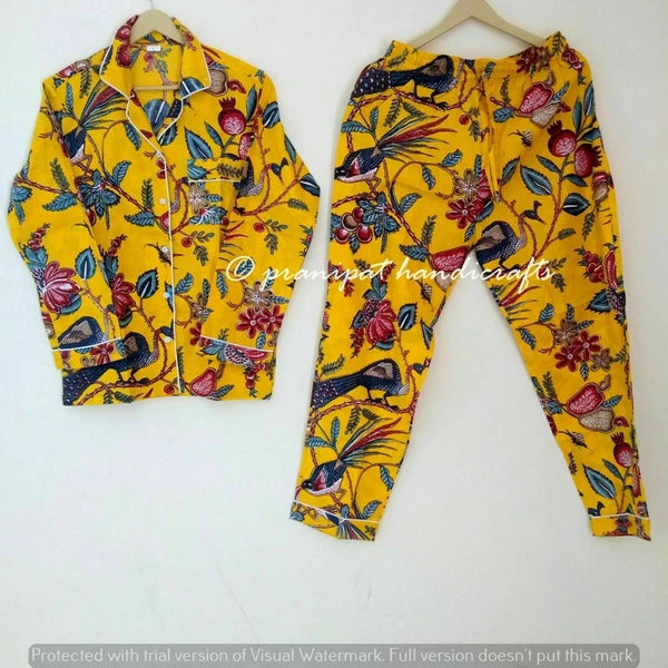 Indian Peacock Printed Cotton Yellow Hippie Women Gypsy Top-Pajama set Sleepwear