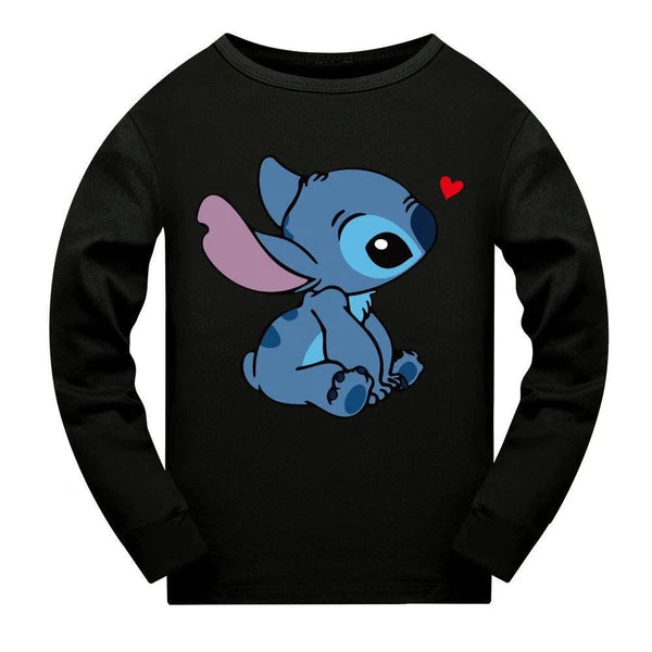 Stitch 5-13 Year Old Girls' Pajama Set, Boys' Cartoon Round Neck Long Sleeve Set