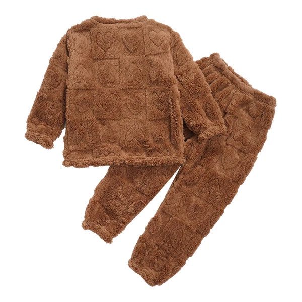 Kids Boys Girls Homewear Round Neck Tops With Pants Solid Color Pajamas Set