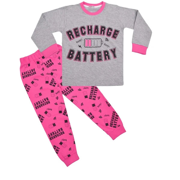 Kids Girls Pyjamas RECHARGE BATTERY Print Top Bottom Shorts Set