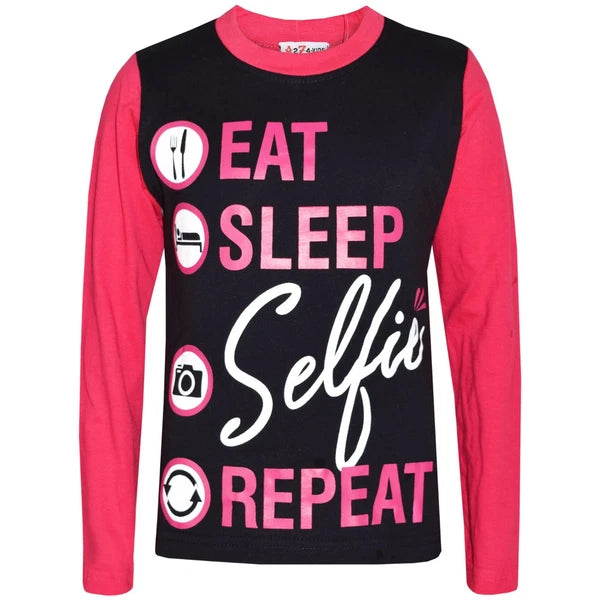 Kids Girls Pink Pyjamas Designer Eat Sleep Selfie Repeat Lounge Wear PJS 2-13 Yr