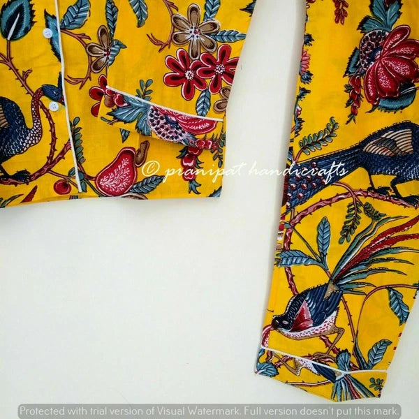 Indian Peacock Printed Cotton Yellow Hippie Women Gypsy Top-Pajama set Sleepwear