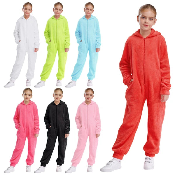 Unisex Kids Fleece Hooded Jumpsuit for Boys Girls Zip-up One Piece Pjs Sleepwear
