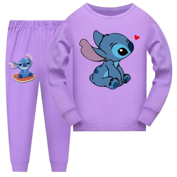 Stitch 5-13 Year Old Girls' Pajama Set, Boys' Cartoon Round Neck Long Sleeve Set