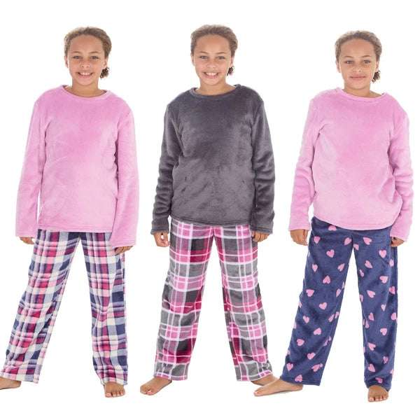 Girls Kids Fleece Pyjamas Check/Hearts Pyjama Set Childs PJs Age 9-13 Years