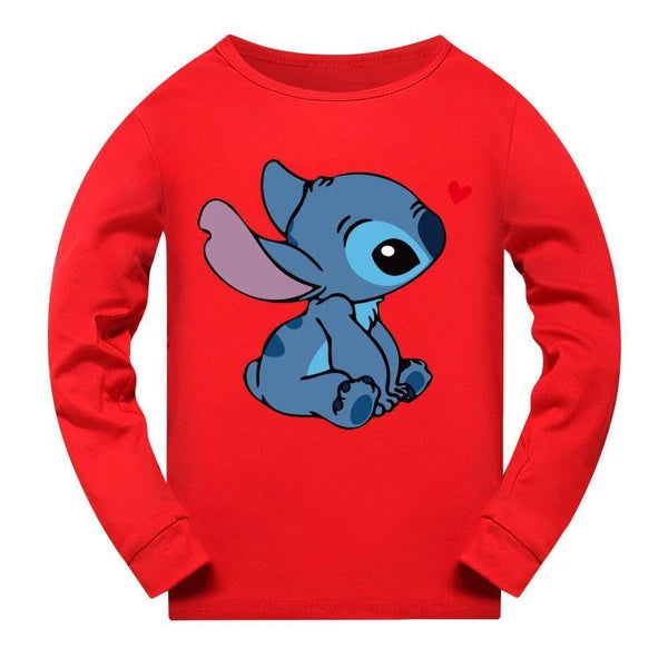 Stitch 5-13 Year Old Girls' Pajama Set, Boys' Cartoon Round Neck Long Sleeve Set
