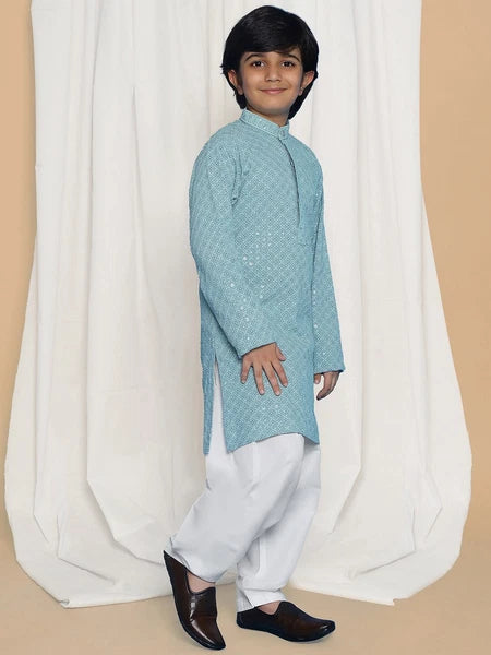 Kids Ethnic Mirror Work Cotton Kurta Pyjama Set/Party Wear Chikankari Kurta