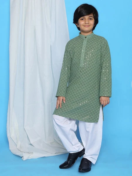 Kids Ethnic Mirror Work Cotton Kurta Pyjama Set/Party Wear Chikankari Kurta