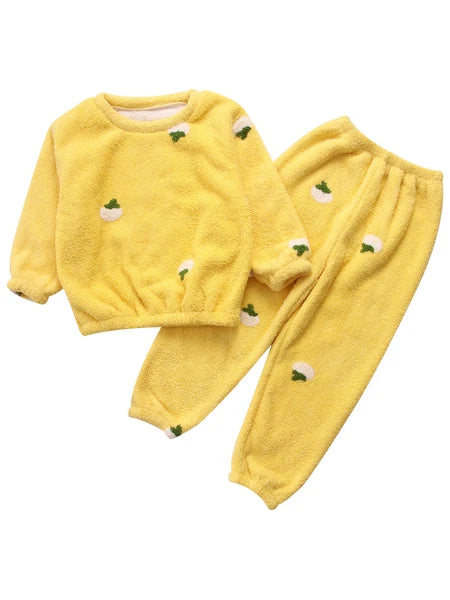 Kids Pyjamas Fleece Nightwear Elastic Waist Pyjama Set Warm 2 Piece-