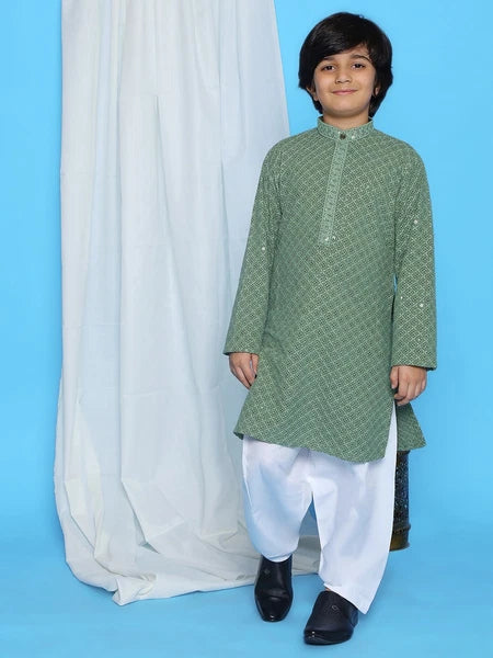 Kids Ethnic Mirror Work Cotton Kurta Pyjama Set/Party Wear Chikankari Kurta