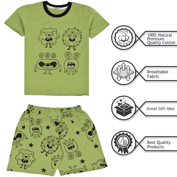 Kids Girls Boys Monster Pyjamas 2 Piece Cotton Set Age 5-13 Year