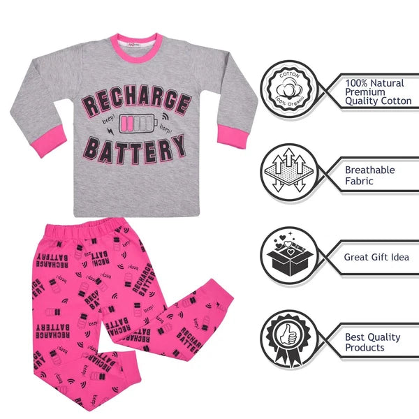 Kids Girls Pyjamas RECHARGE BATTERY Print Top Bottom Shorts Set