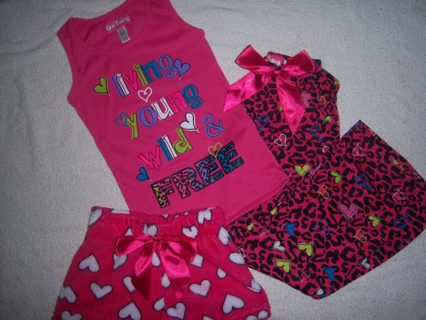 Girl Thing Brand 3 Piece PJ Pink Purple Shorts Pants Tops Set Size XS(4/5) NEW