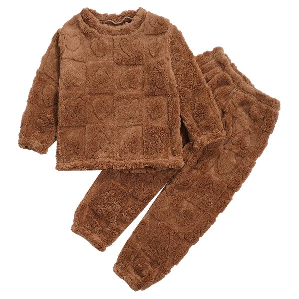 Kids Boys Girls Homewear Round Neck Tops With Pants Solid Color Pajamas Set