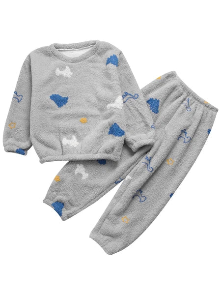 Kids Pyjamas Fleece Nightwear Elastic Waist Pyjama Set Warm 2 Piece-