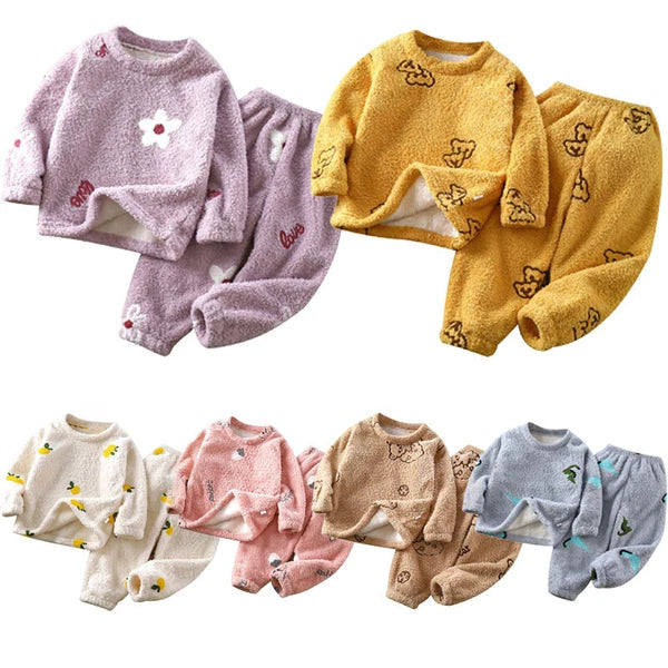 Unisex Kids Sleepwear Girls Set Print Pajamas Pullover Round Neck Cute Suit Top