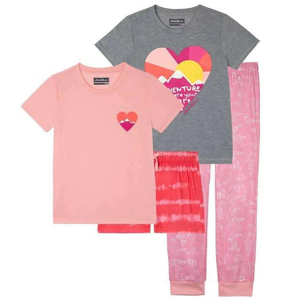 New Eddie Bauer Youth 4-piece Sleepwear Set, Pink, Girls Set, Tee, Pants, Short