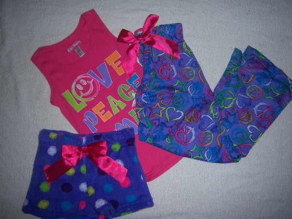 Girl Thing Brand 3 Piece PJ Pink Purple Shorts Pants Tops Set Size XS(4/5) NEW