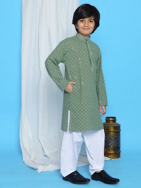 Kids Ethnic Mirror Work Cotton Kurta Pyjama Set/Party Wear Chikankari Kurta