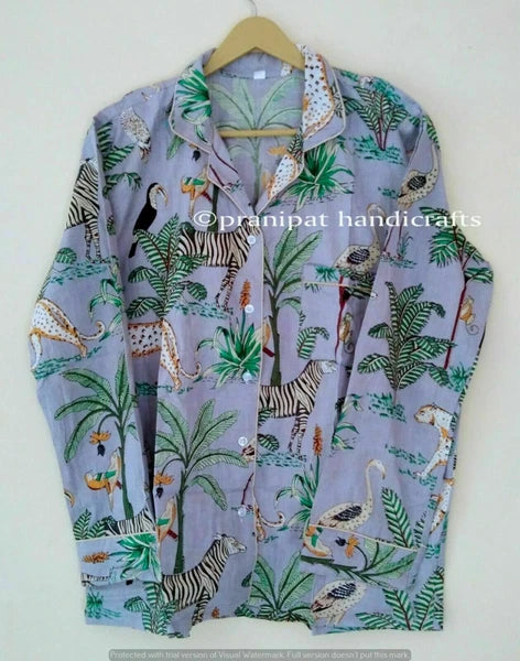 Indian Animal Printed Cotton Grey Hippie Women Gypsy Sleepwear Boho Pajama set