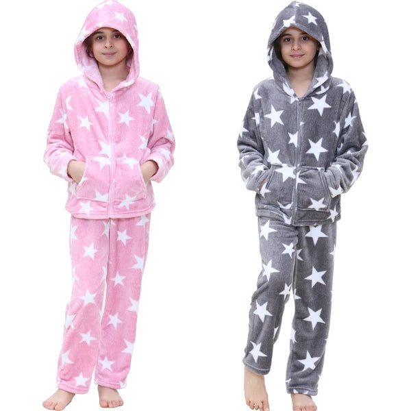 Kids Girls Stars Print Pyjama Extra Soft Zipped Flannel Fleece PJS Outfit Set