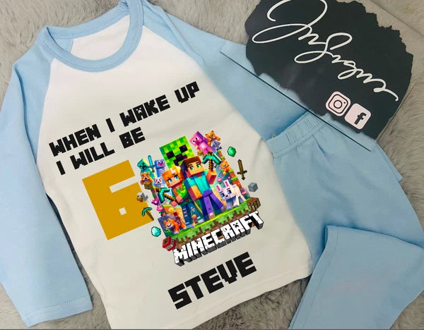 Personalised childrens birthday pyjamas Minecraft theme