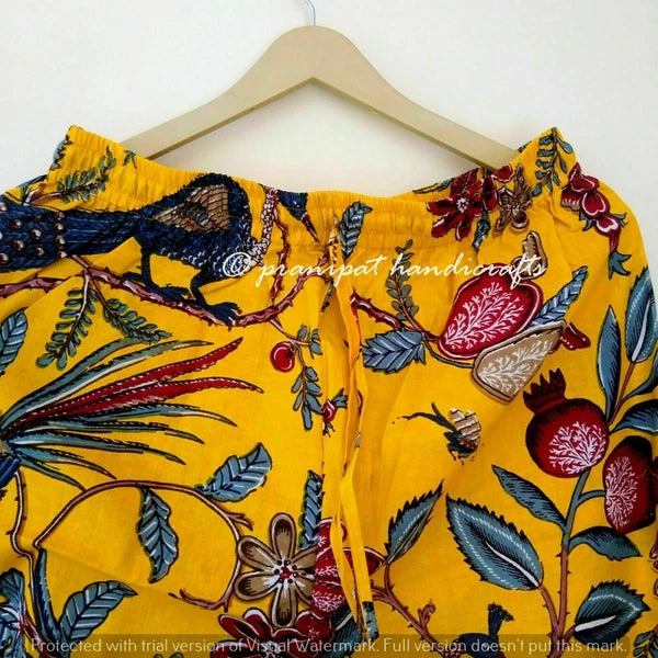 Indian Peacock Printed Cotton Yellow Hippie Women Gypsy Top-Pajama set Sleepwear