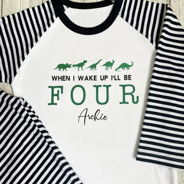 when i wake up i will be one, two three, four five dinosaur pyjamas birthday pjs