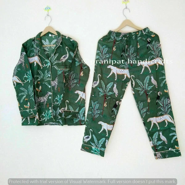 Indian Animal Printed Cotton Green Hippie Women Gypsy Sleepwear Boho Pajama set