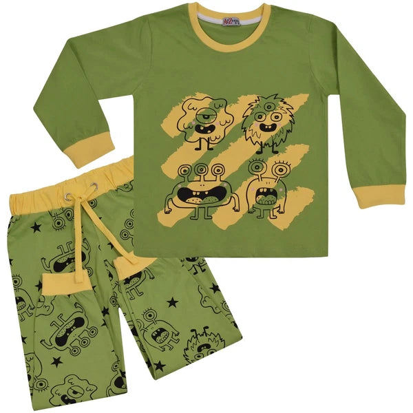 Kids Girls Boys Monster Pyjamas Children Lime 2 Piece Cotton Set