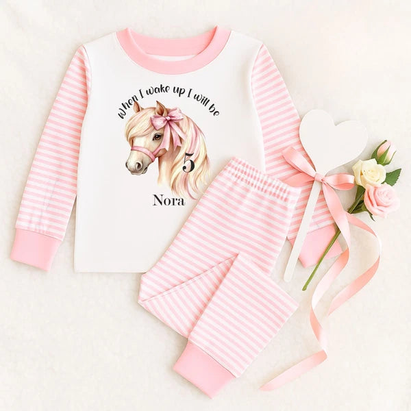 Personalised Children's When I Wake Up I Will Be 1,2,3,4,5 Age Horse Bow Pyjamas