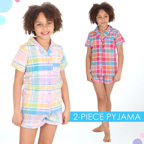 Kids Girls Checked Pyjamas Set 2-Piece Button Up Summer Holiday PJ's 9-13 Years