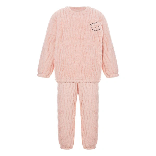Kids Pajamas Set Flannel Sleepwear Bear Tops Pullover with Plush Pants Trousers