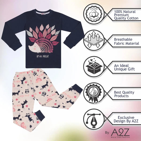 Kids Girls Pyjamas Navy Up All Night Print Contrast PJs Set Lounge Suit