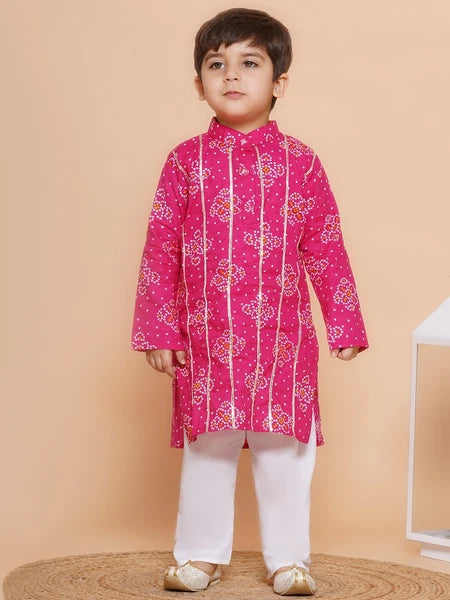 Indian Ethnic Wear Printed Kurta Pyjama Set For Boys Lace Work Cotton Kurta Set