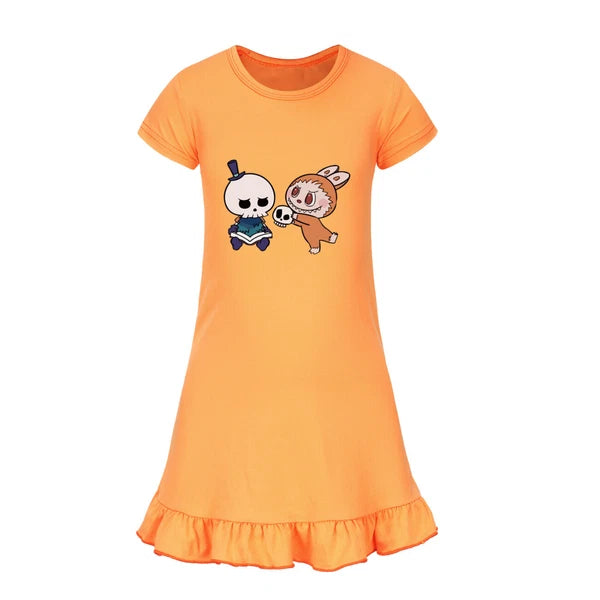 Cartoon Print Girl's Short-Sleeved Pajamas Home Clothes Nightdress Skirt New Hot