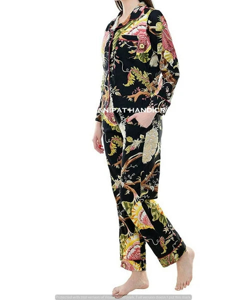 Indian Floral Print Cotton Black Women Night wear Boho Top-Pajama set Sleepwear
