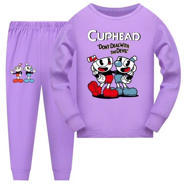 Children's Red Blue Teacup Print Casual Long Sleeve Trousers Pajamas Suit Trend