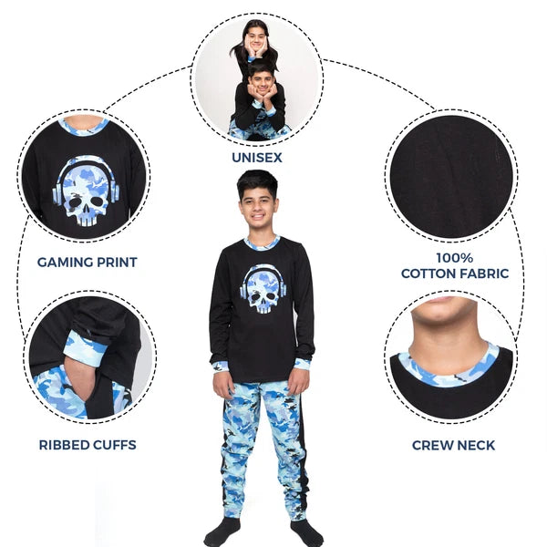 Kids Unisex Boys Girls Long Camo Cotton Gamer Gaming Pyjamas PJ Sets 5-13 Years