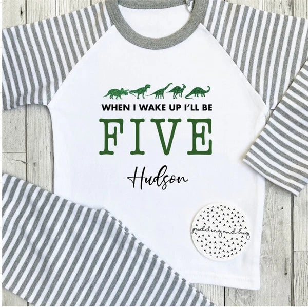 when i wake up i will be one, two three, four five dinosaur pyjamas birthday pjs